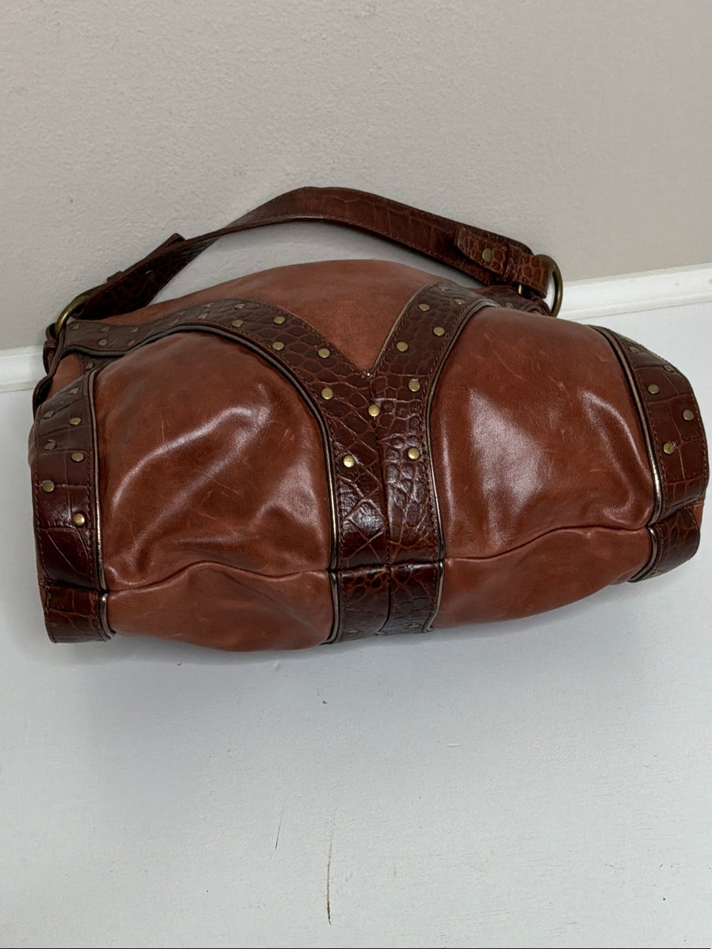 Via Spiga Cognac Leather Shoulder Bag with Studded Trim - Picture 7 of 9
